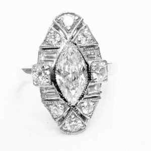 14k white gold  art deco filigree ring natural marquise Diamond 2.72ct VS-H