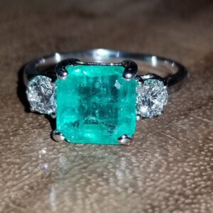 14k white gold engagement three  stone ring natural green Colombia emerald ring  2.45 carat.