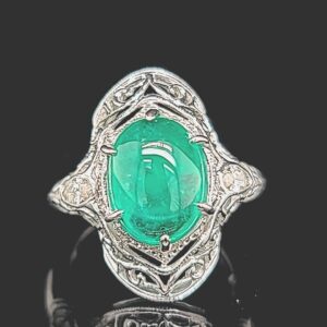 14k white gold vintage filigree ring gem natural green emerald 3.58ct. cabochon shape circ 1920's