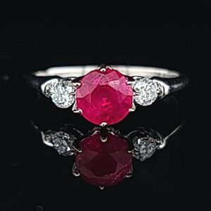 1.38ct. Vintage 14k white gold three stone engagement ring natural round ruby