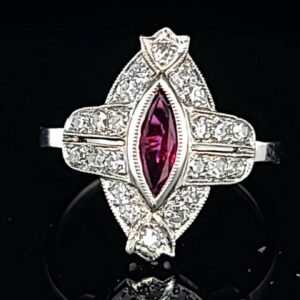 VINTAGE PLATINUM RING 1.25ct. Natural ruby marquise shape circ 1930's