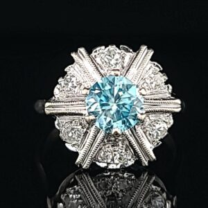 Vintage 14K White Gold  Ring  1.25CT. Natural  Gem Blue zircon round shape circ 1950's
