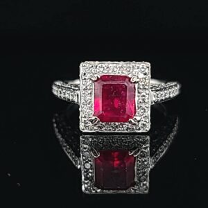 14k white gold engagement Ring 1.82CT. Natural ruby radiant shape