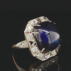 Vintage 14k yellow gold  ring 19.21ct Gem blue sapphire cabochon shape circ 1940's