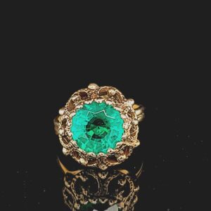 3.37CT.Antique 14K yellow Gold Ring Green natural round EMERALD circ 1900's GIA cert