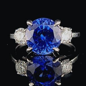 Vintage 14k white gold three stones engagement  ring natural round  blue sapphire 3.89carat