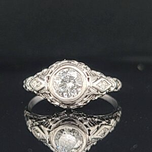 14k white gold art deco filigree  engagement ring 0.85ct. round Natural Diamond circ 1920's