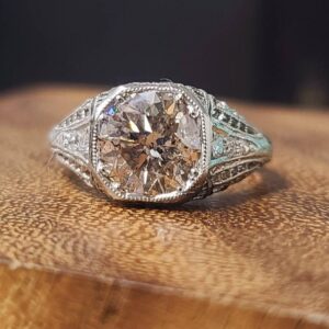 Vintage platinum Engagement ring art deco filigree round cut natural champagne Diamond 2.75ct circ 1930's