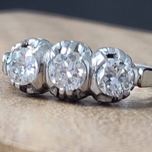 1.25ct. 18k white gold Vintage three stone engagement ring Round euro cut Diamond circ 1920's