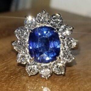14K White gold ring  4.18CT.natural blue sapphire cushion shape GIA cert