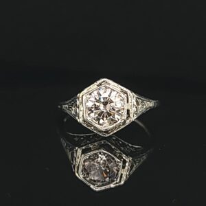 1.10carat 18k white gold art deco filigree  engagement ring natural euro cut round light champagne Diamond circ 1930's